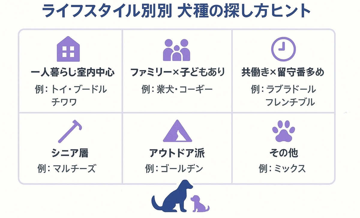 ライフスタイル別に一人暮らし・ファミリー・共働き・シニア・アウトドア派などのおすすめ犬種例をまとめたマトリクス図