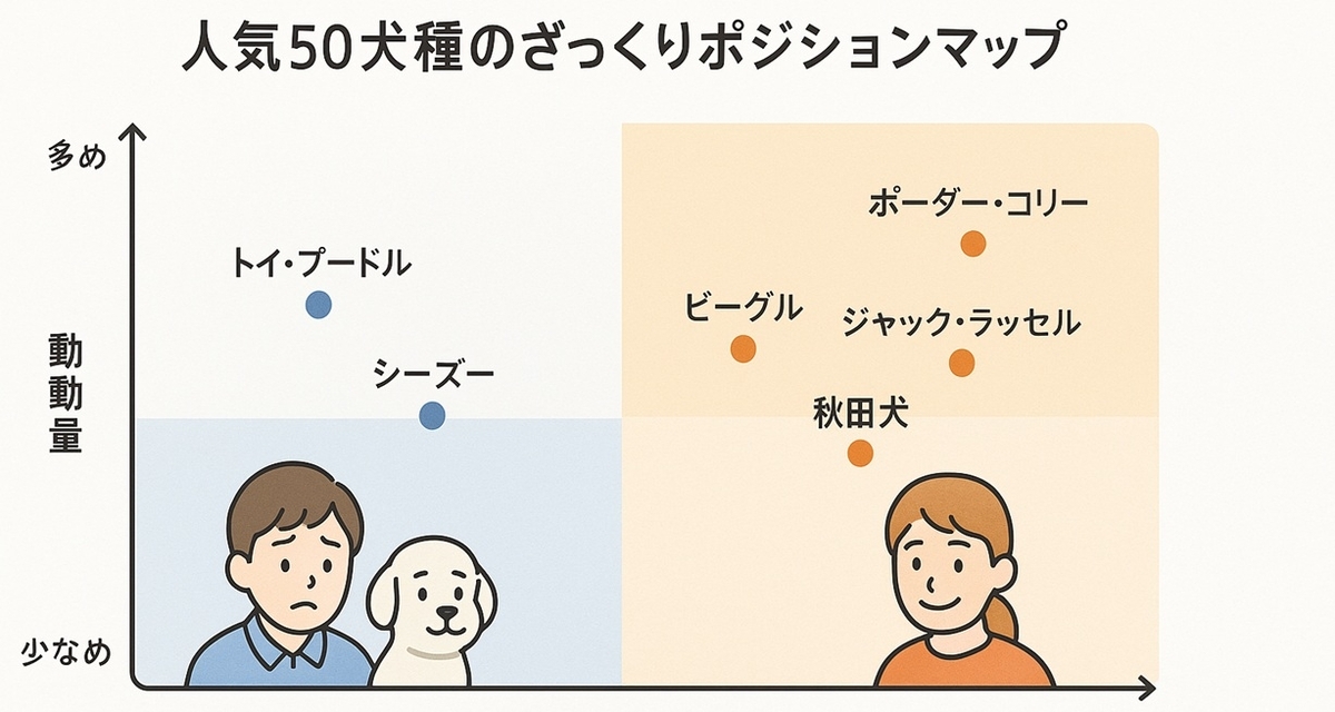 しつけの難易度と運動量の観点から人気犬種のポジションを初心者向け〜経験者向けに分けて示したマップ図