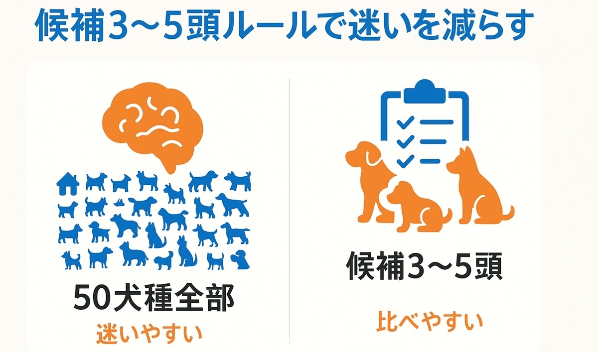 候補犬種を50頭すべてで比較する場合と3〜5頭に絞る場合を脳の負担の違いとして示した比較ボード