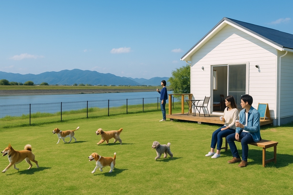 和歌山市・紀の川沿いのDog Run Cafe Picで、芝生ドッグランと川を眺めながら犬たちが走り回っているイメージ写真
