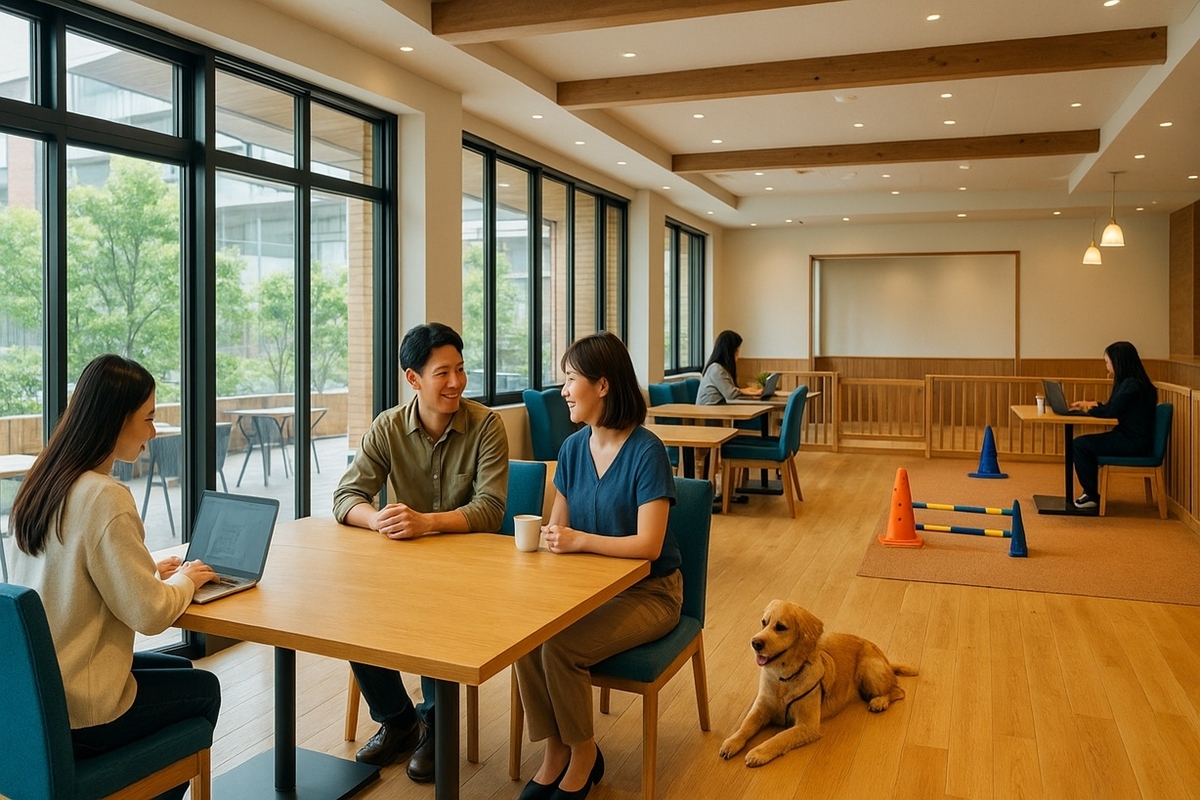 和歌山市内のthe publicで、カフェ席と犬同伴スペースが一体になった明るい店内イメージ