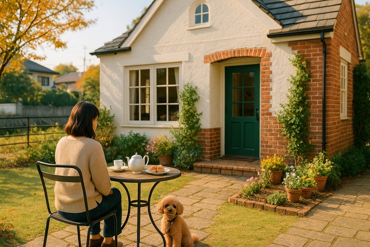 和歌山市の住宅街にあるTeaRoom BURFORDのテラス席で、紅茶とスイーツを楽しみながら犬と過ごすイメージ写真