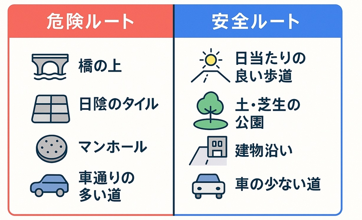 橋や日陰のタイルなど冬に避けたい危険ルートと日当たりの良い歩道や公園など安全な散歩ルートの比較ボード