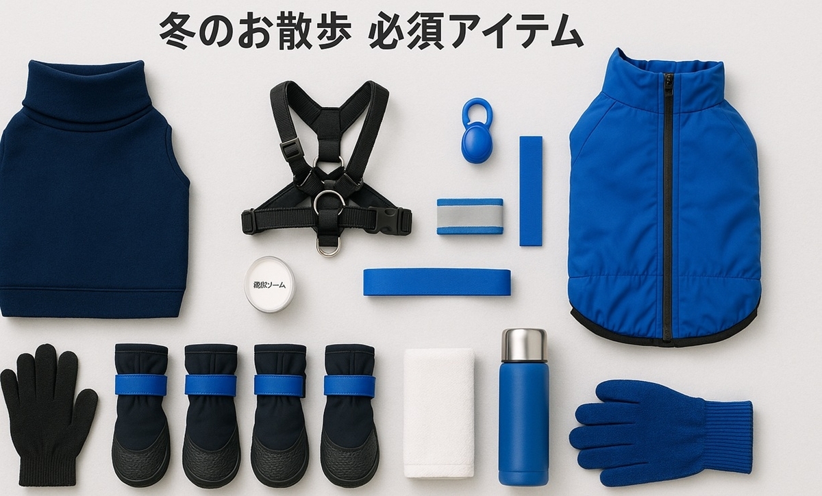 冬のお散歩に必要な犬用ウェアやハーネス、LEDライト、ブーツ、肉球クリームなどの必須アイテムを並べたイメージ