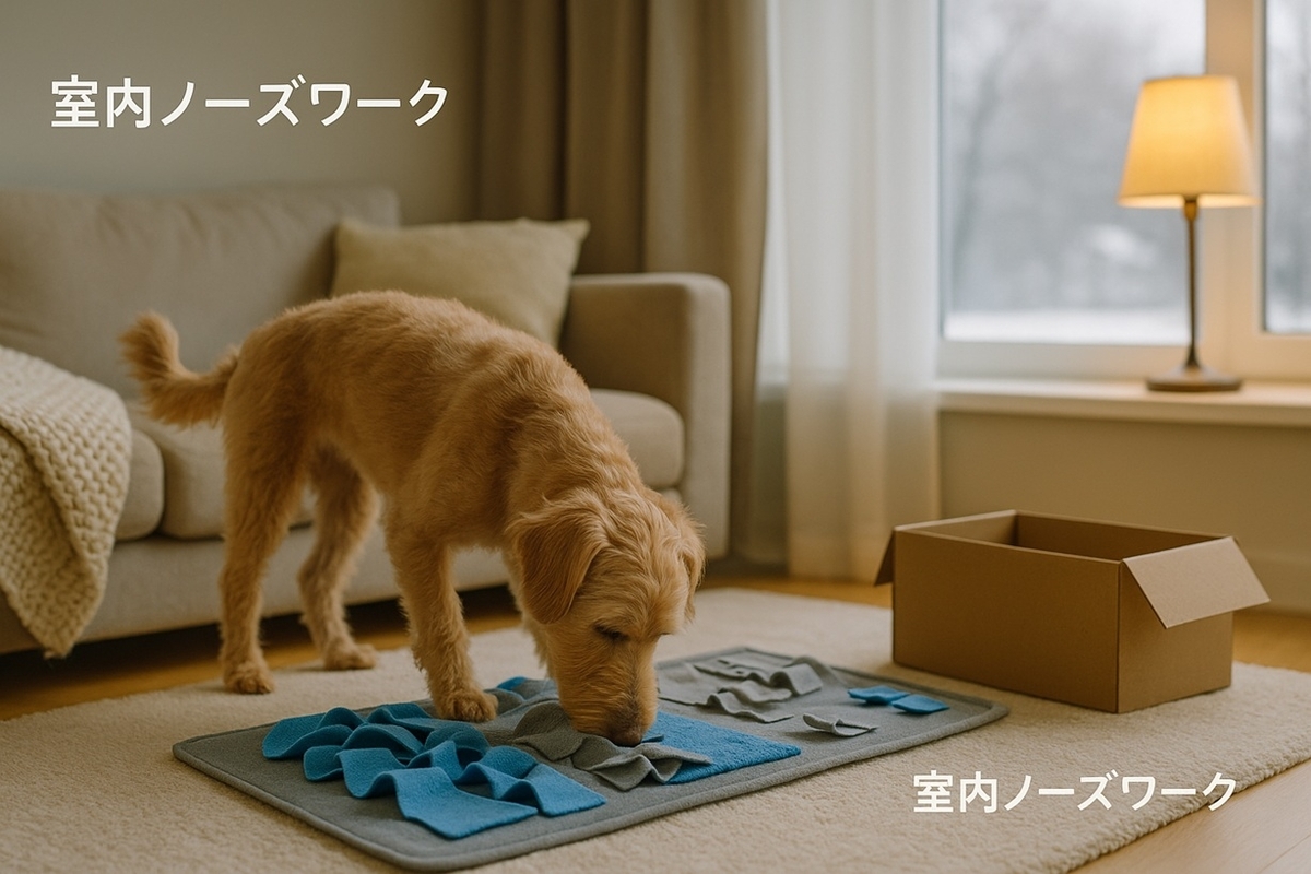 冬の悪天候の日に室内でノーズワークマットを使って遊ぶ犬の様子