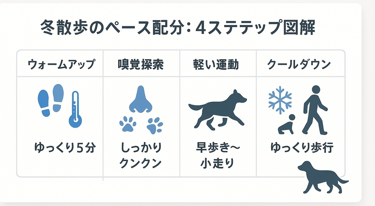 冬の散歩を4ステップ（ウォームアップ・嗅覚探索・軽い運動・クールダウン）で行うためのペース配分を図解したイラスト