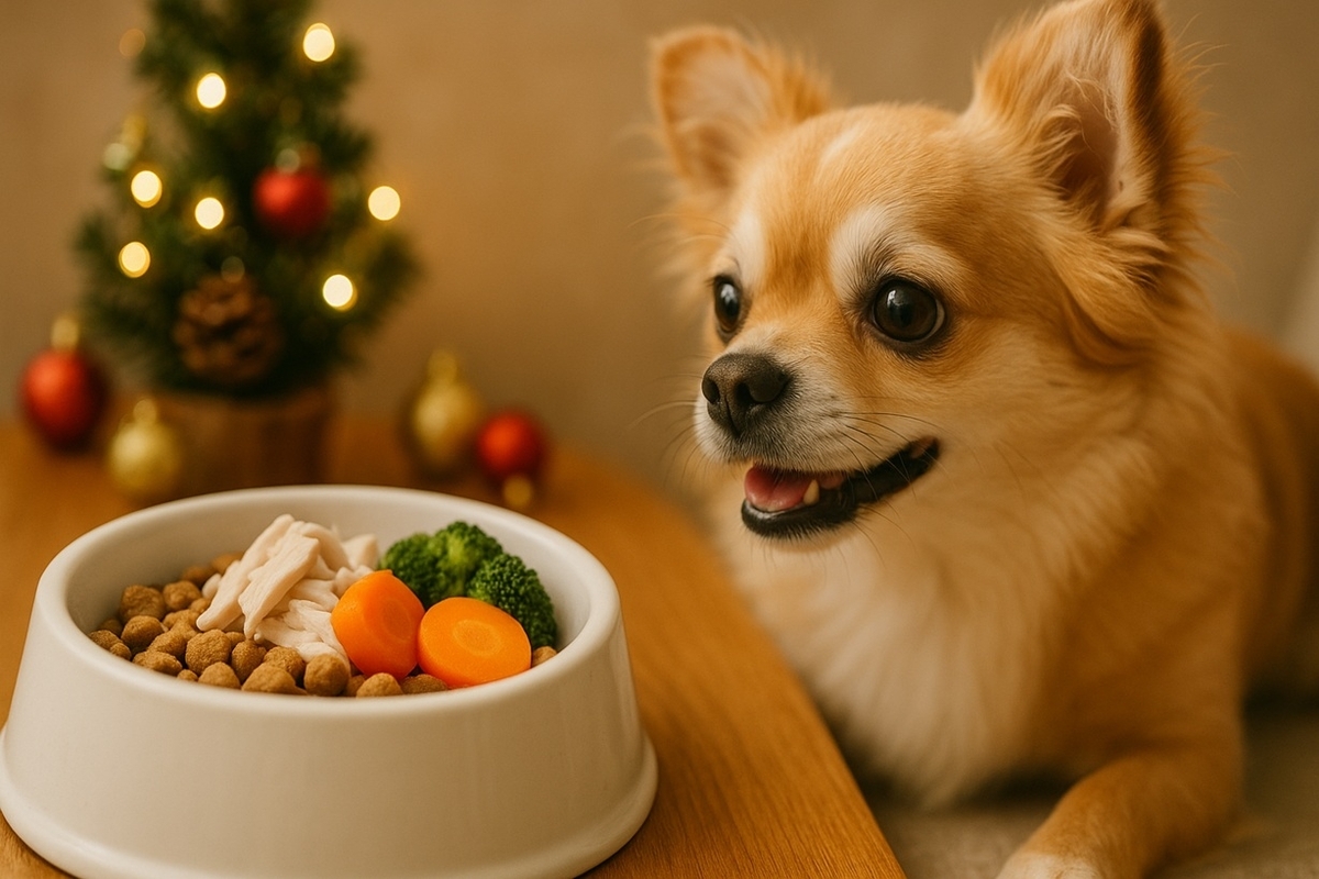 いつものドッグフードにささみと温野菜をトッピングした、犬用のちょっと豪華なクリスマスごはん
