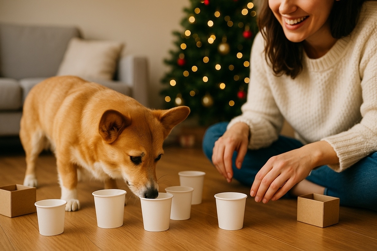 紙コップや小箱を使ったノーズワークゲームで、クリスマスに室内遊びを楽しむ犬
