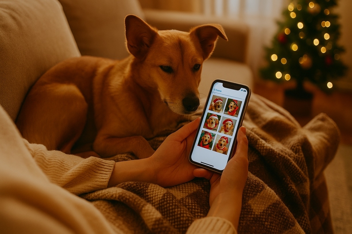 スマホのフォトアルバムで過去のクリスマス写真を見ながら、ソファの上でくつろぐ犬と飼い主