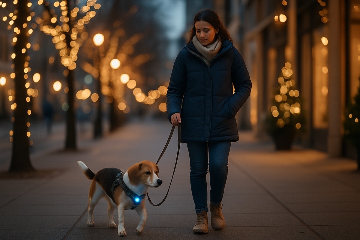 混雑を避けた早い時間帯に、イルミネーションの並ぶ通りを散歩する犬と飼い主