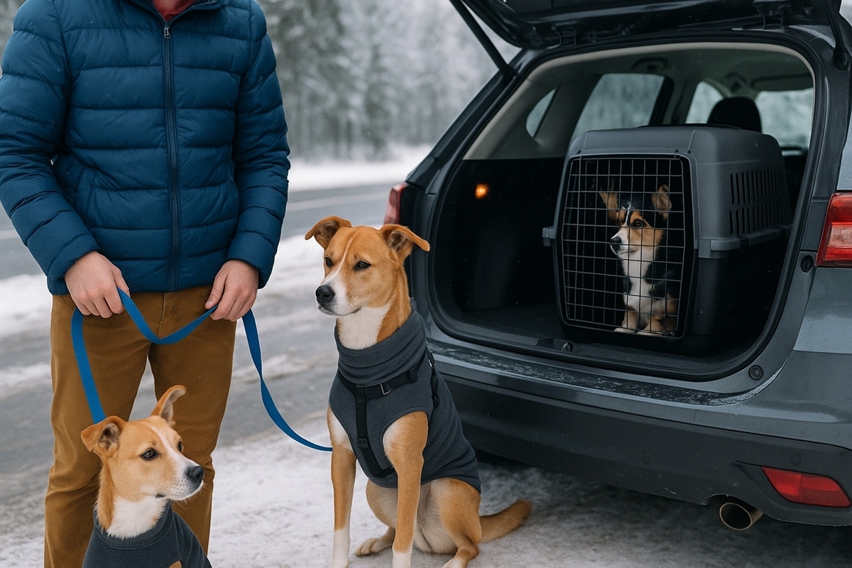 冬の雪道でもクレートや休憩を活用して、安全に移動する犬連れクリスマス旅行の様子