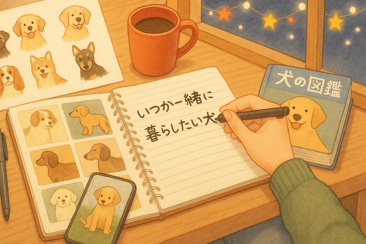 いつか迎えたい犬とのクリスマスをノートに書き出しながら、未来の暮らしをイメージしている様子