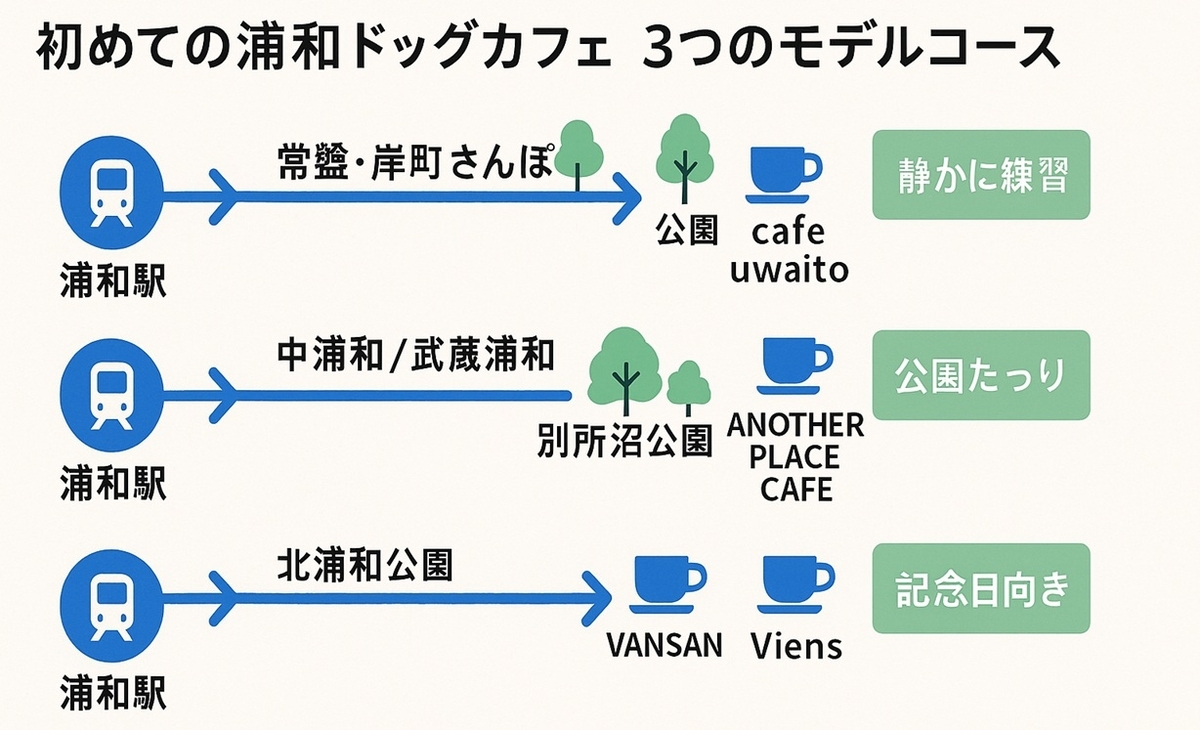 浦和駅発の犬カフェデビュー向け3つのモデルコースをまとめたルート図