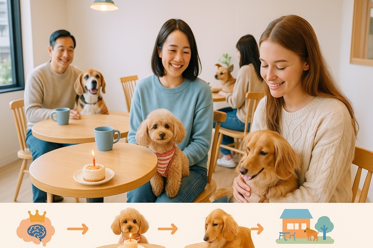 南浦和の住宅街にあるアットホームな店内で、小型犬と中型犬が飼い主さんと一緒にケーキを囲んでくつろいでいるドッグカフェのイメージ写真