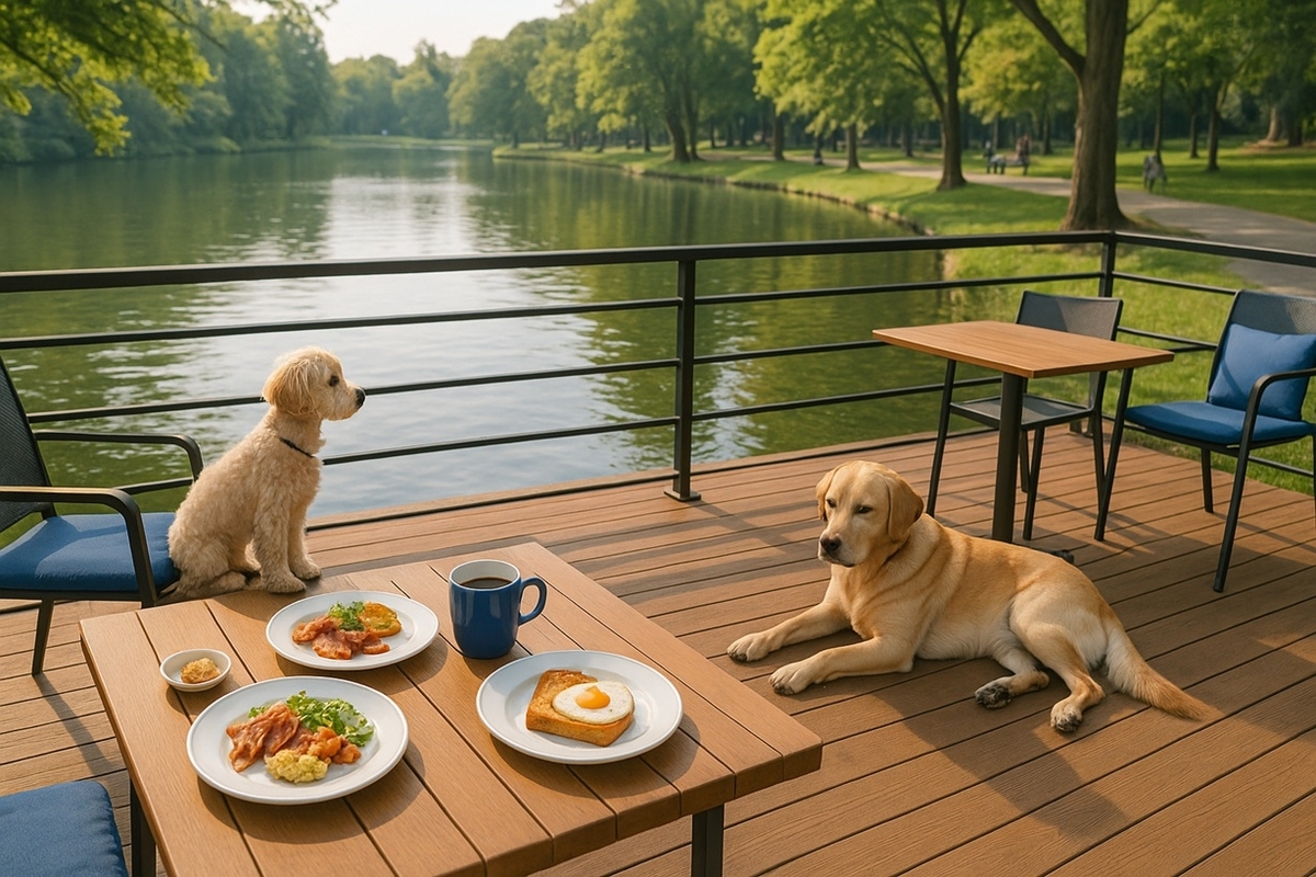 別所沼公園の湖を眺められるテラス席で、愛犬と一緒にブランチを楽しんでいるANOTHER PLACE CAFEのイメージ写真