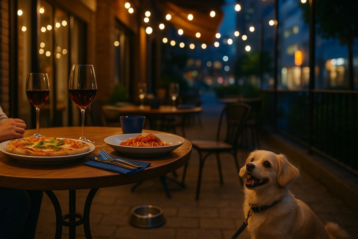 北浦和駅近くのテラス席で、ピッツァやパスタと一緒に愛犬も専用メニューを楽しんでいるItalian Kitchen VANSANのイメージ写真