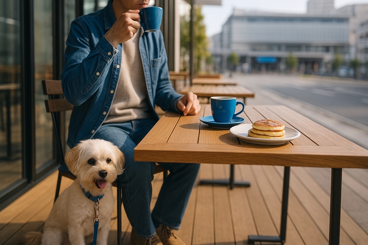 武蔵浦和駅近くのスタイリッシュなテラス席で、パンケーキとコーヒーを楽しみながら小型犬と一息ついているS PRESS CAFEのイメージ写真