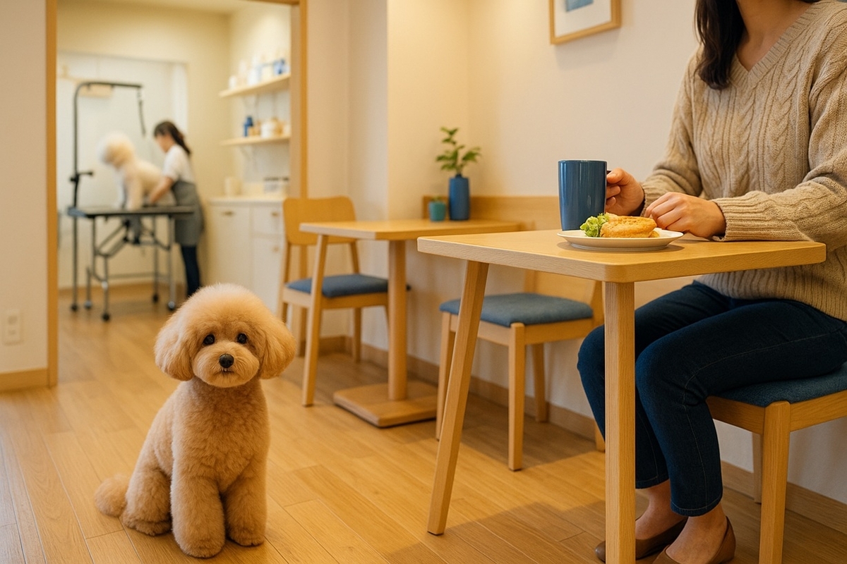 トリミングサロン併設の小さなカフェスペースで、カットしたての小型犬と飼い主がのんびり過ごしているViensのイメージ写真
