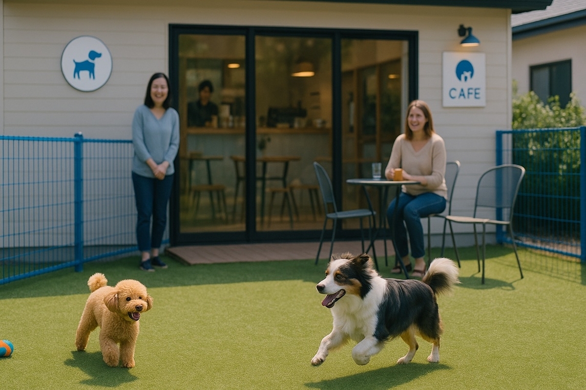 フェンスに囲まれたドッグランで小型犬と大型犬が元気に走り回り、その奥にカフェスペースが見えているワンワン広場ワンクルのイメージ写真