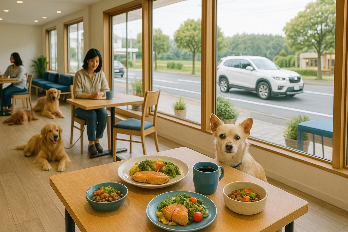 郊外のゆったりした店内で、広めのテーブル間隔の中、愛犬と一緒にランチとワンコメニューを楽しんでいるDog Cafe ミーのイメージ写真
