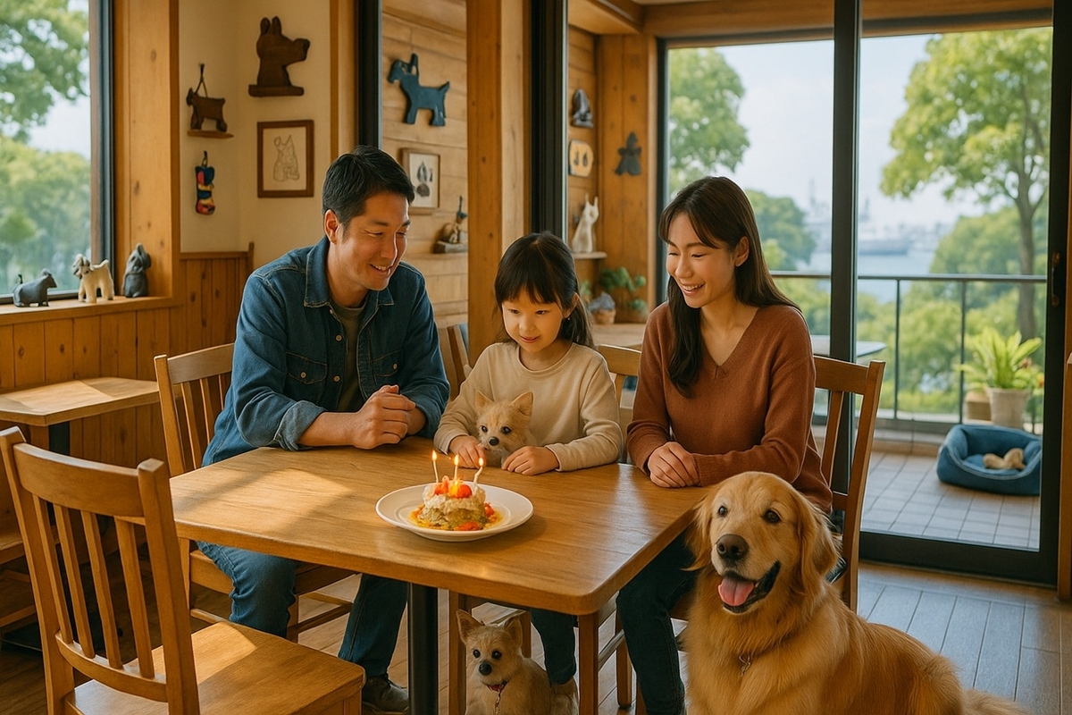 港の見える丘公園近くのDOG DEPT CAFE店内で犬用メニューを囲む家族のイメージ写真