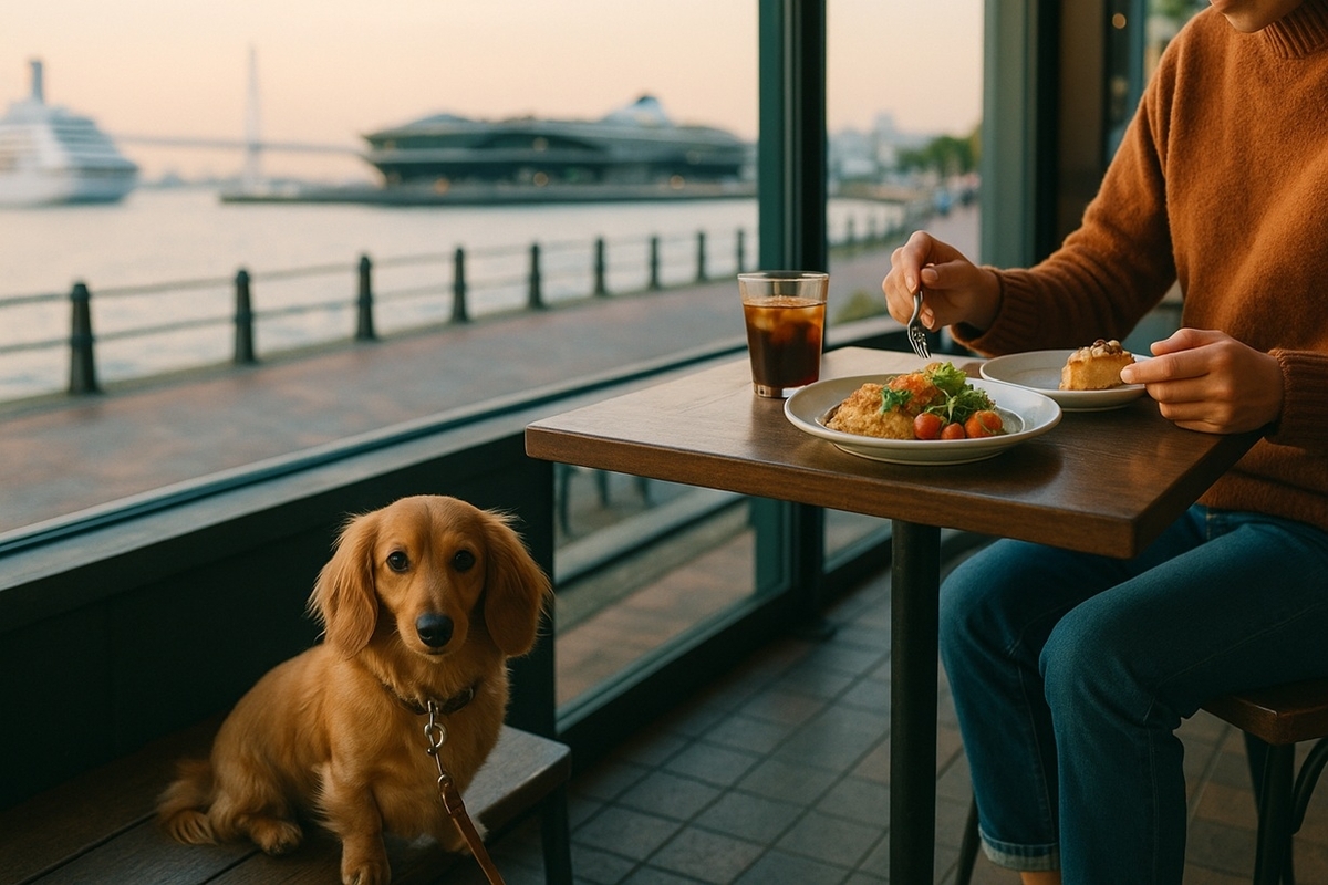 大さん橋近くのHAMA CAFEで港町の景色を眺めながら愛犬とカフェタイムを過ごす様子