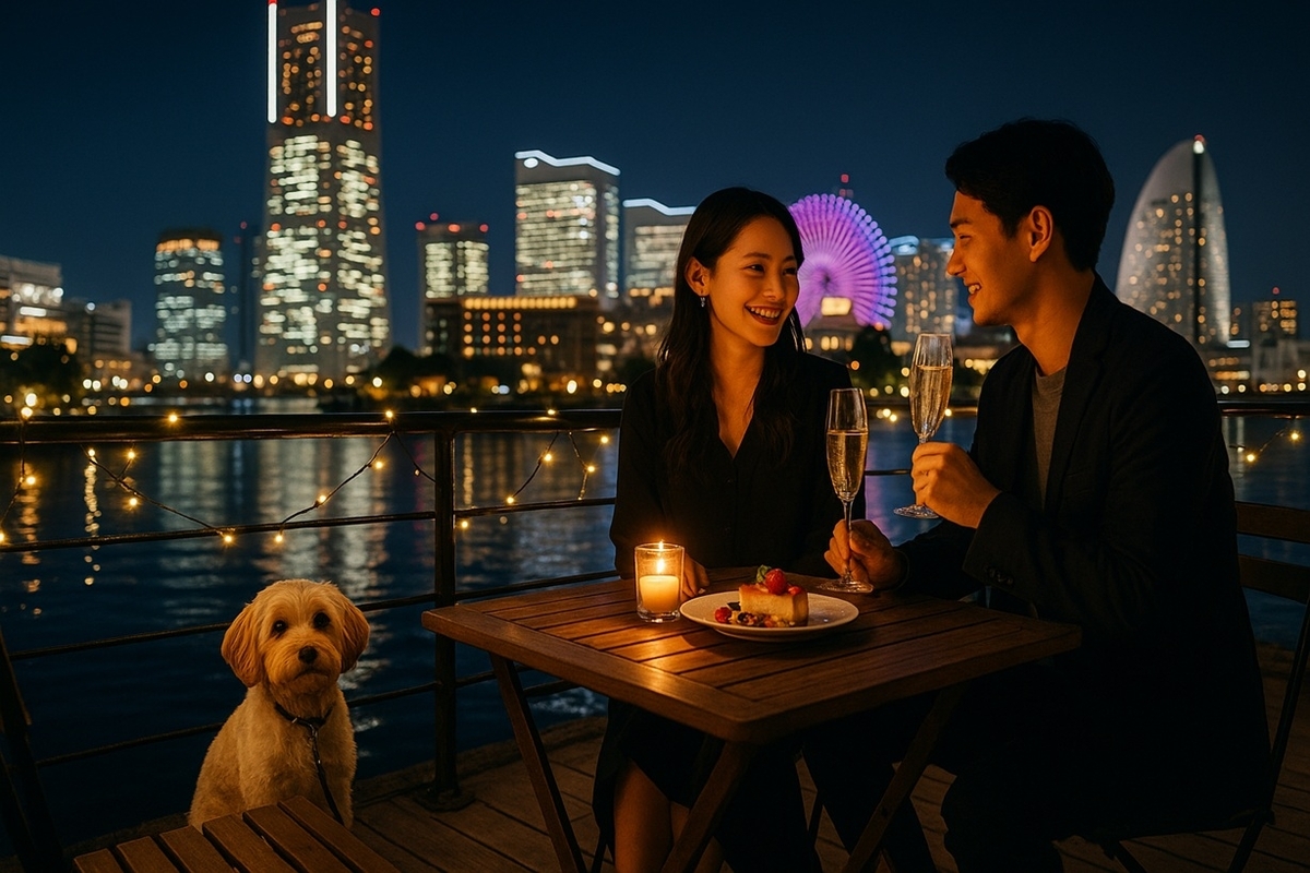 ANNIVERSAIRE CAFEみなとみらいの運河沿いテラスで愛犬と夜景ディナーを楽しむイメージ