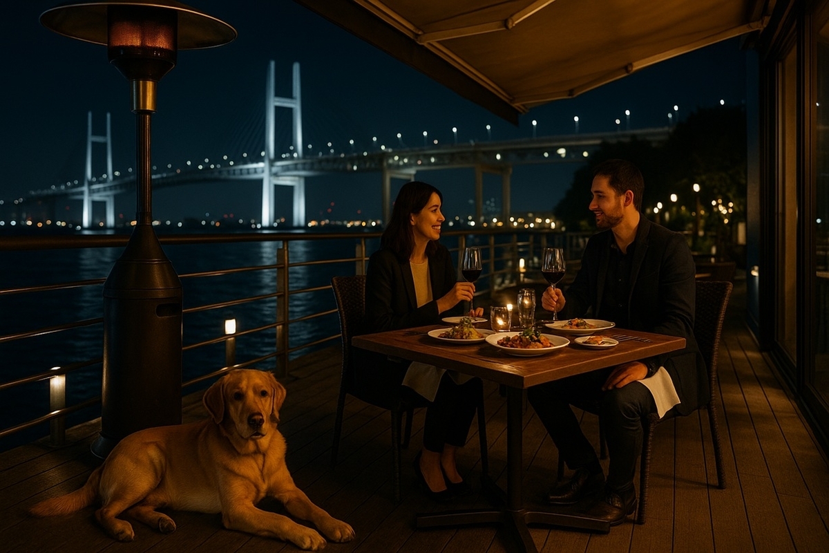 横浜ベイクォーターBISTRO RUBANの夜景テラスで愛犬とビストロディナーを楽しむイメージ写真
