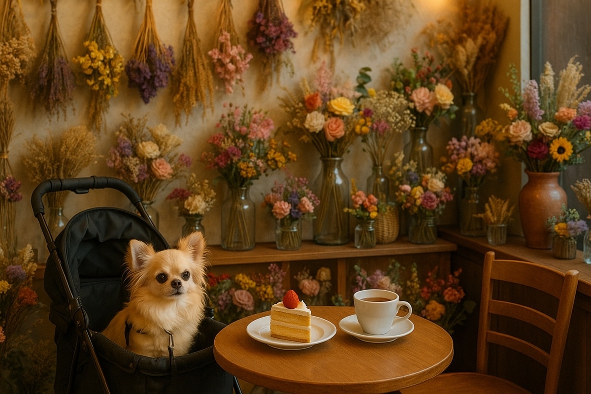 花Lab.Nocturne横浜元町店の花に囲まれた店内で小型犬とカフェ時間を過ごすイメージ