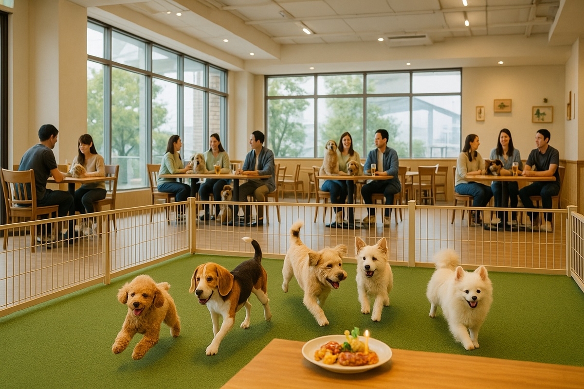 LATERRE gardenの屋内ドッグランとカフェスペースで犬たちが遊び家族がくつろぐ様子