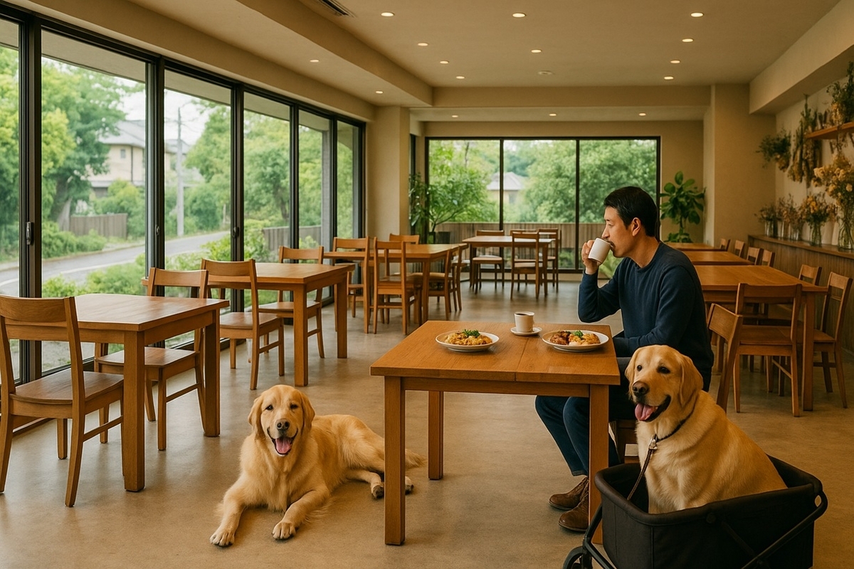 本郷台の郊外カフェDAIN店内で大型犬とゆったりランチを楽しむイメージ写真
