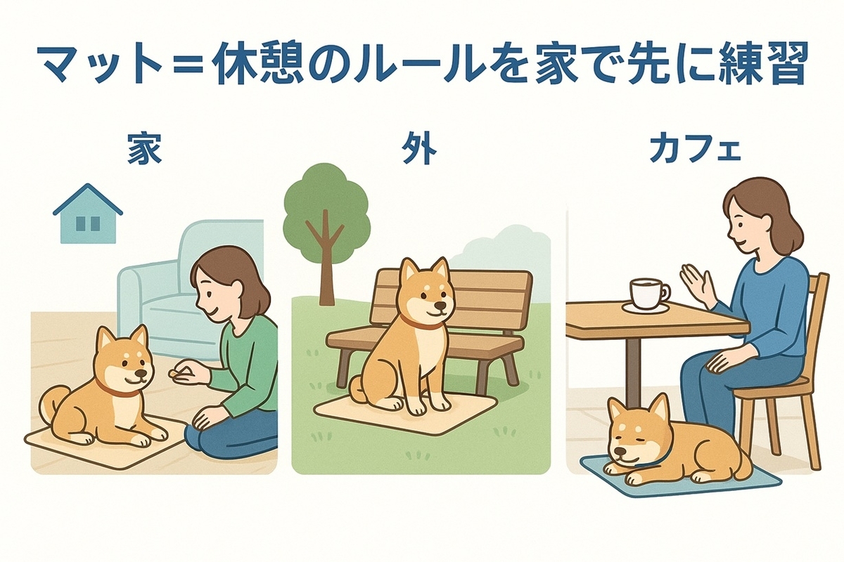 家・公園・カフェの3つの場面で同じマットに座る練習をして、犬が「マット＝休憩」と理解する様子を示したステップイラスト