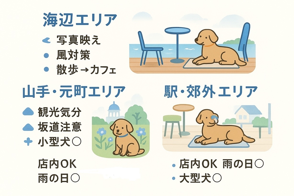 海辺・山手・郊外の3つの横浜犬カフェエリアを、特徴・よくある体験談・注意点を簡潔にまとめたインフォグラフィック