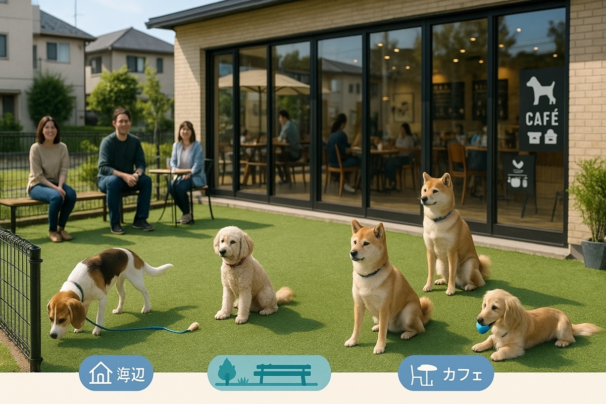 はるひ野の住宅街でドッグランとカフェを併設したdapple back cafeと愛犬が遊ぶイメージ写真