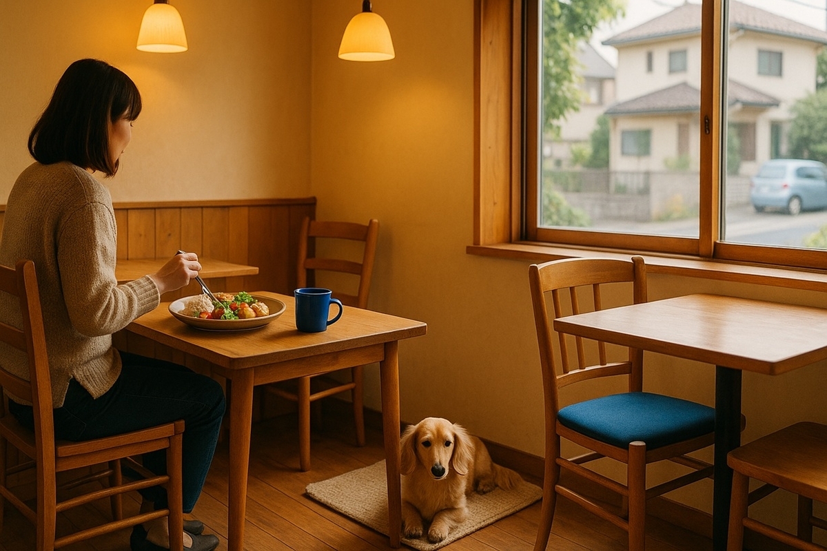 百合ヶ丘の一軒家カフェcafe Santeの店内で手づくりランチと愛犬とくつろぐイメージ写真
