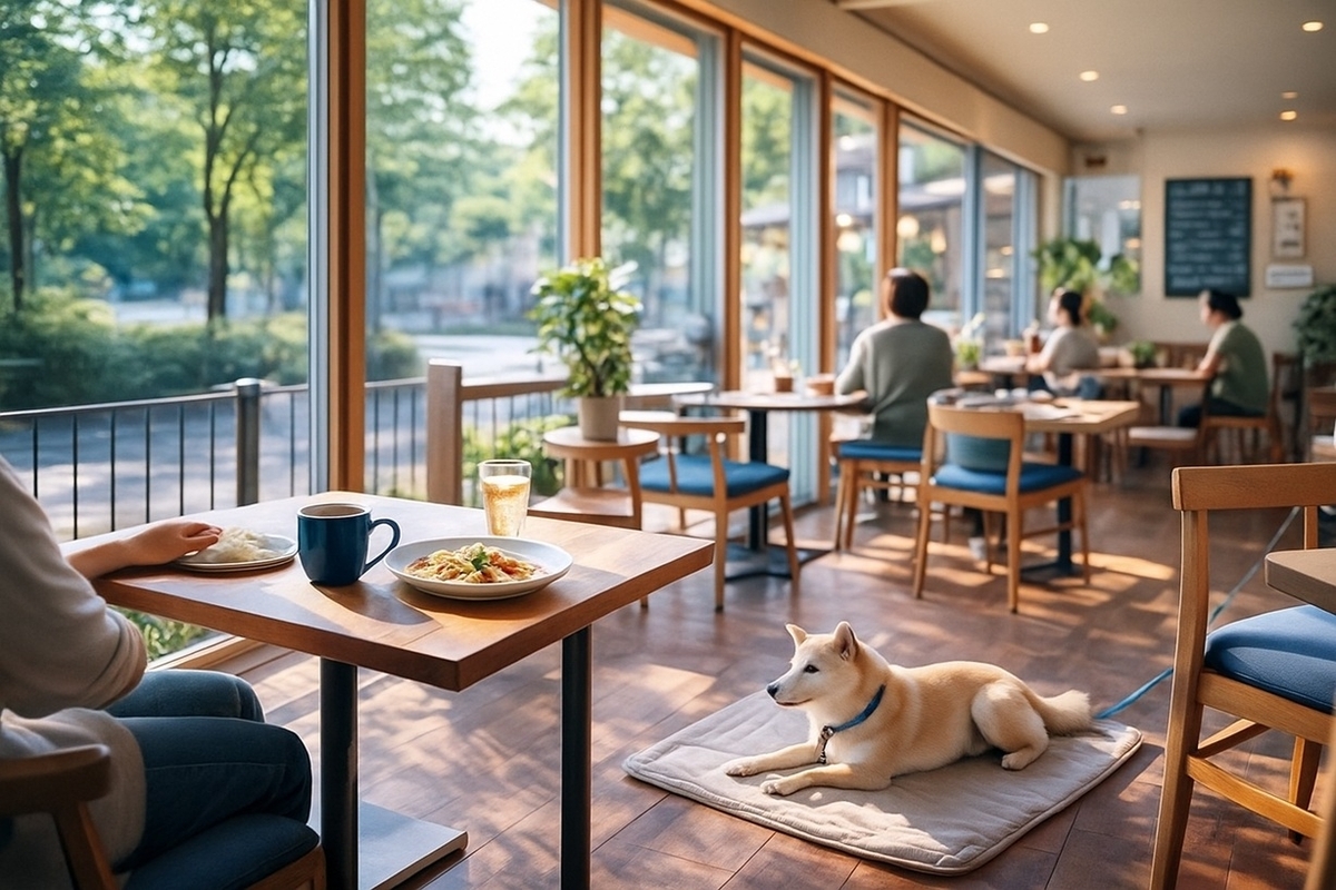 宮前区のCafe Peco店内で東高根森林公園帰りに愛犬とランチ休憩をするイメージ写真