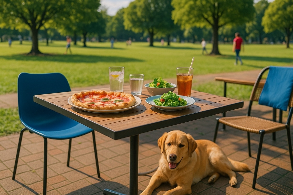 川崎市立富士見公園のGAB pizzeria and caféテラスでピザと愛犬と一緒に過ごすイメージ写真