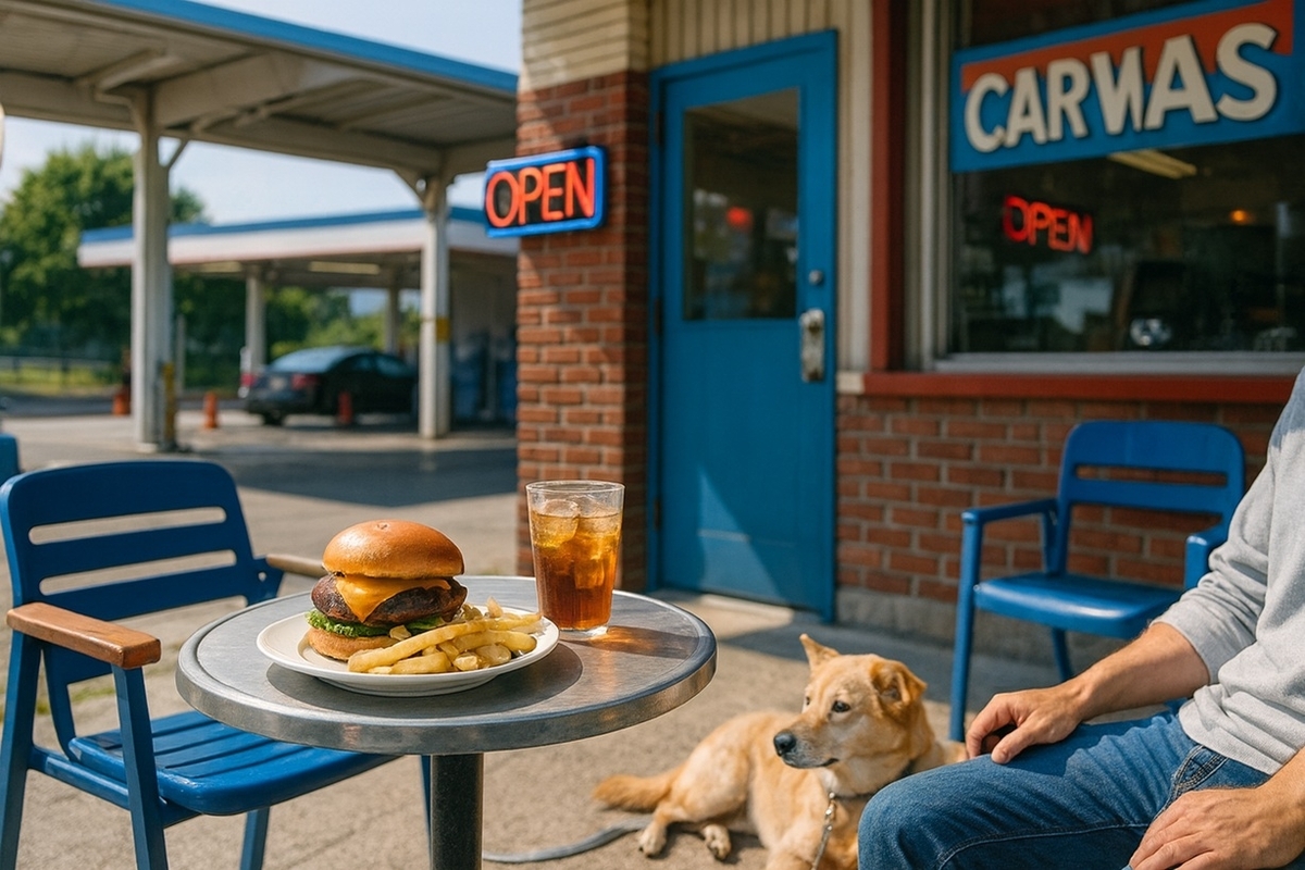 中野島のECOWASH CAFEテラスで洗車の合間にハンバーガーと愛犬と過ごすイメージ写真