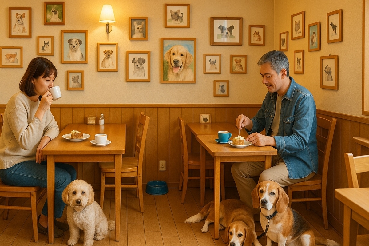 宿河原のCRAZY-DOG店内で多摩川さんぽ帰りにコーヒーと愛犬とくつろぐイメージ写真