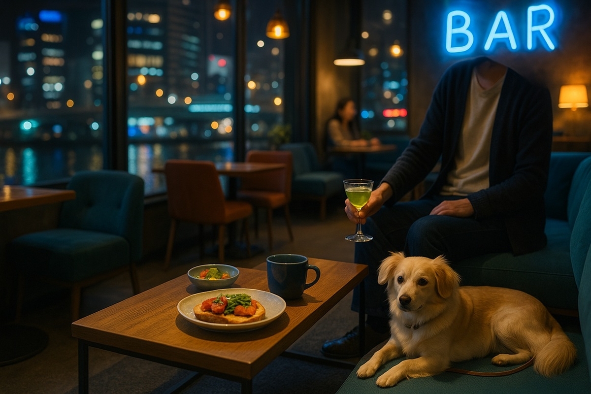 川崎駅近くのスラッシュ カフェアンドバー店内で夜カフェを愛犬と楽しむイメージ写真
