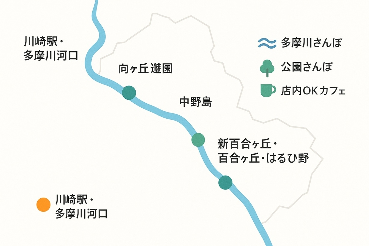川崎駅周辺・多摩川沿い・新百合ヶ丘エリアなど川崎市内のドッグカフェ主要エリアマップ