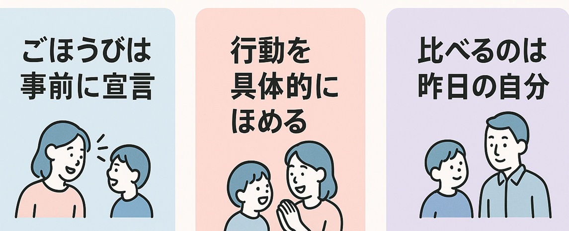 通信教材のやる気を支える3つの心理学ベースの声かけポイントを示したボード