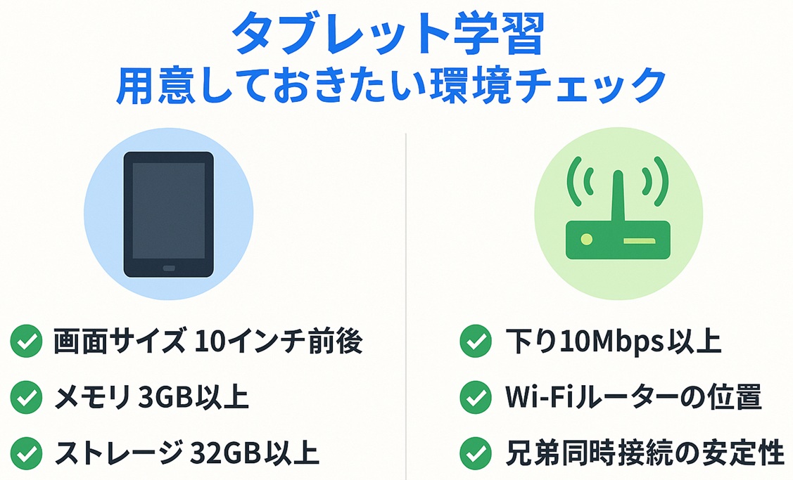 小学生のタブレット学習に必要なおおまかな端末スペックとネット回線の条件をまとめたチェックリスト