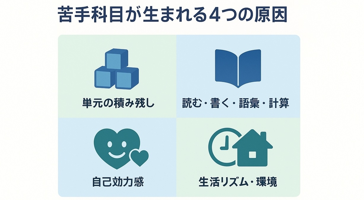 小学生の苦手科目が生まれる4つの原因（積み残し・基礎スキル・自己効力感・生活リズム）を整理した図解