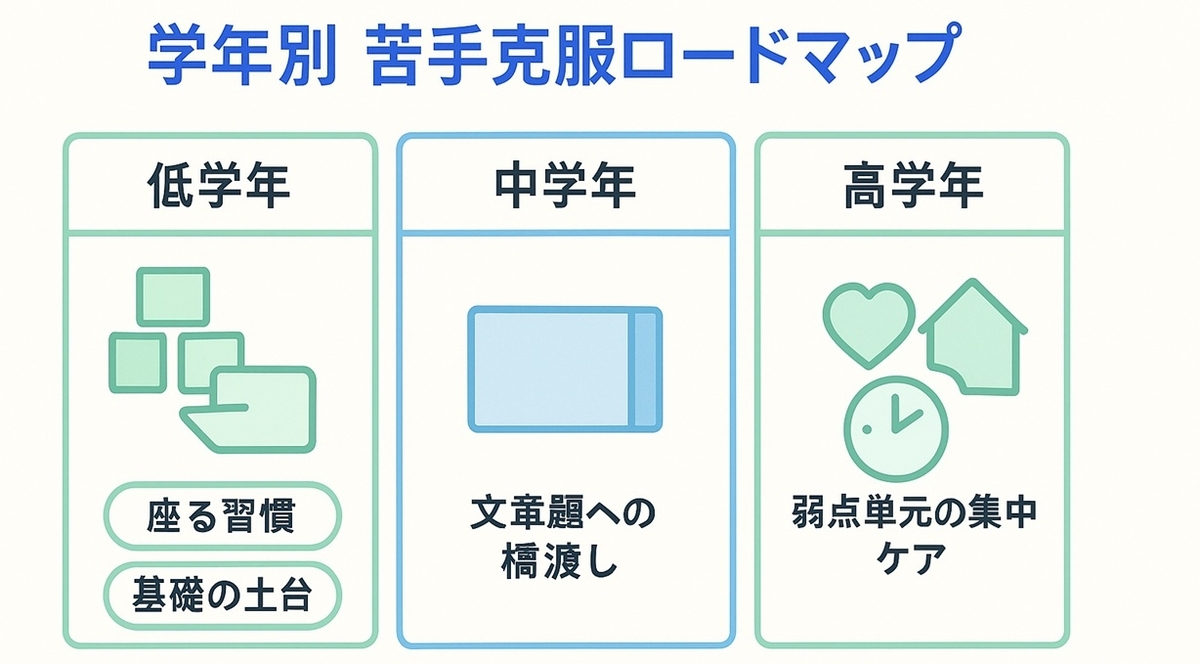 小学生の低学年・中学年・高学年別に苦手克服の狙いをまとめたロードマップ図