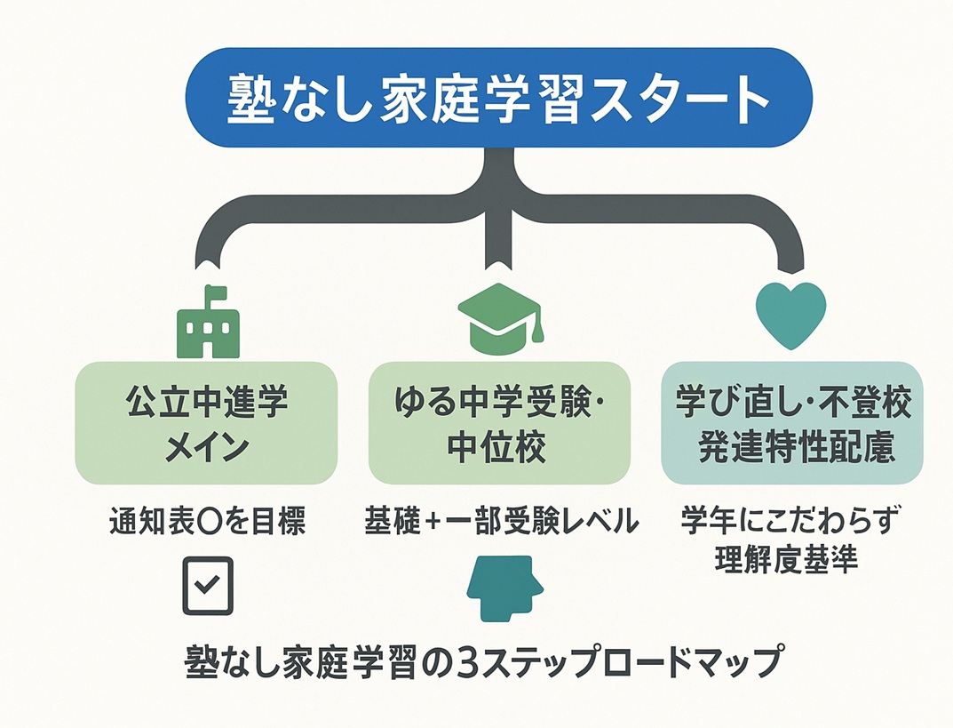 公立中進学・ゆる中学受験・学び直しの3つの塾なし学習ルートを示す図