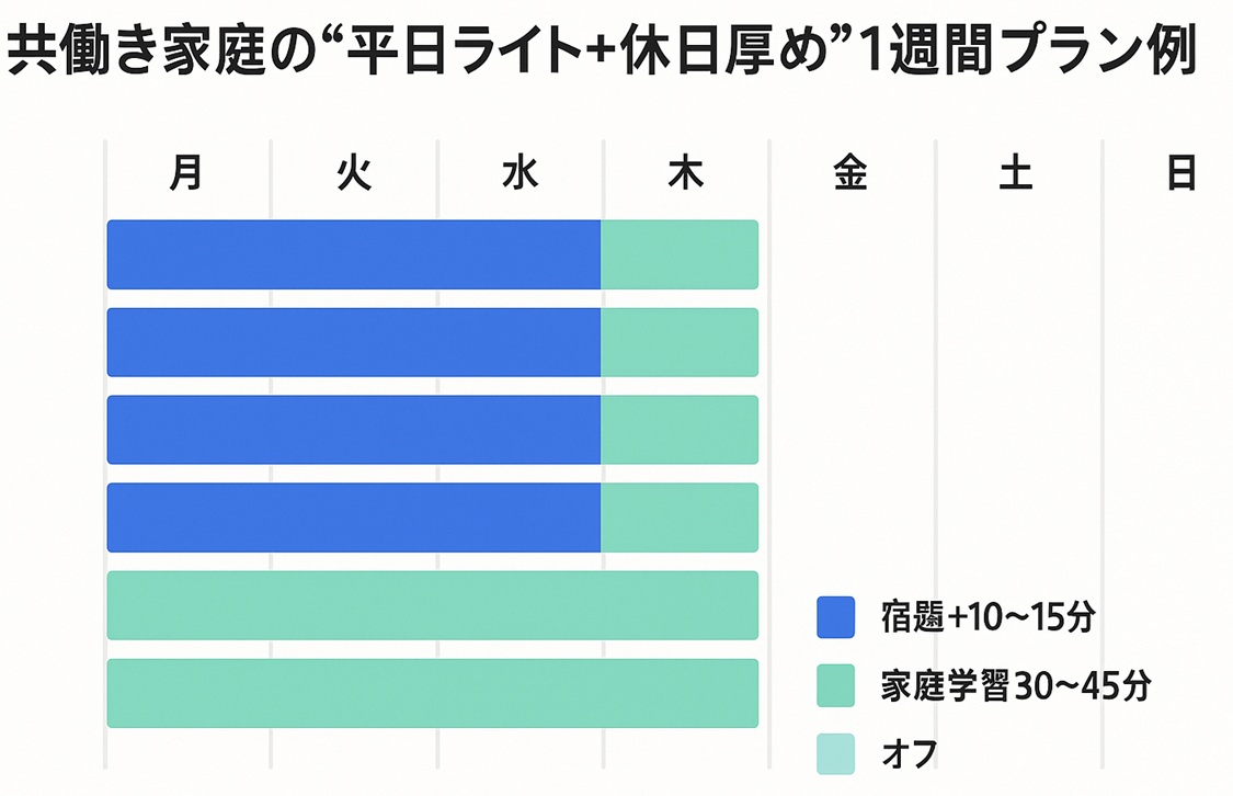 共働き家庭向けに、平日は短く・休日に少し厚めの学習時間を配置した1週間スケジュール例