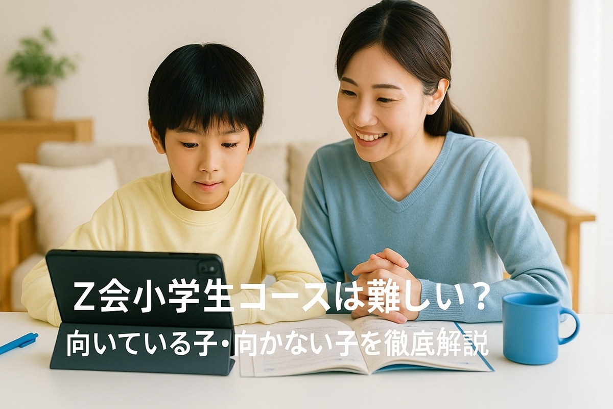 Z会小学生コースに取り組む小学生と、それをとなりで見守る保護者のイメージ写真