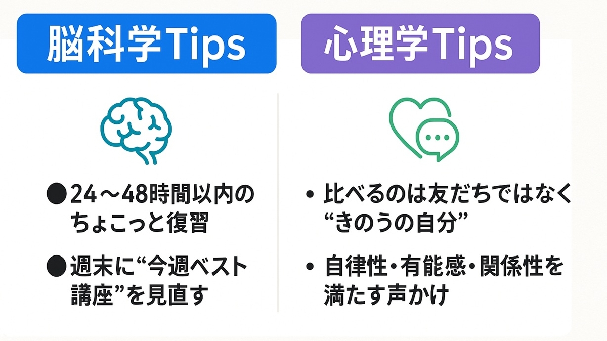 スタディサプリ小学生が続きやすい家庭の脳科学的・心理学的なコツをまとめた2カラムボード