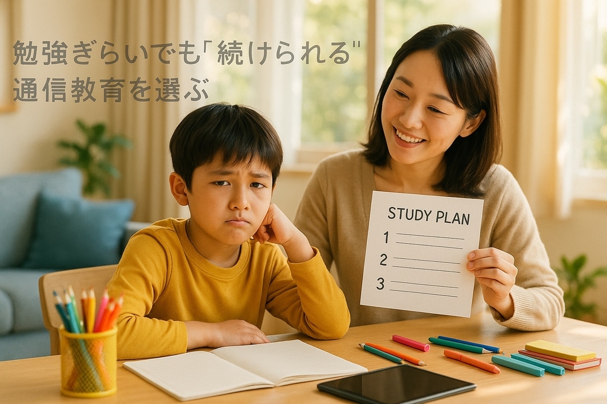 勉強ぎらいな小学生と親がリビングで通信教育のタブレット学習を始める様子